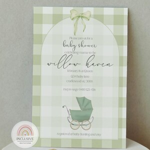 May include: Green and white gingham baby shower invitation with a watercolor illustration of a baby carriage. The invitation includes the text "Please join us for a baby shower celebrating mama-to-be willow haven February 16 at 12noon 1234 baby lane cradlewood vic 3000 rsvp to sage 0-400 123 456 registered at baby bunting and etsy".