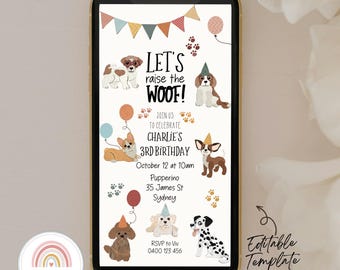 Levantemos la voz del cachorro Guau, invitación de cumpleaños del tamaño de un teléfono móvil, dos dejen salir a los perros, dos malos, hueso, evite digital para fiesta infantil