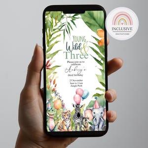 Young wild and three evite, 3rd birthday party invitation, safari zoo animals kids invite, watercolour, instant digital download