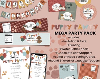May include: A printable party pack for a puppy-themed party. The pack includes an invitation, bunting, water bottle labels, chocolate bar wrappers, buffet or place setting cards, and round stickers or cupcake toppers. The design features a brown, white, and blue color scheme with a playful puppy illustration.