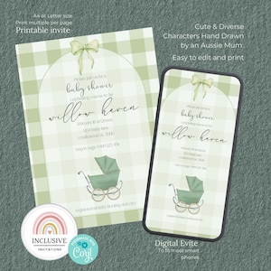 May include: A printable baby shower invitation with a green and white gingham pattern. The invitation features a baby carriage with a green canopy and a bow. The text on the invitation reads "Please join us for a baby shower celebrating mama-to-be Willow Haven".