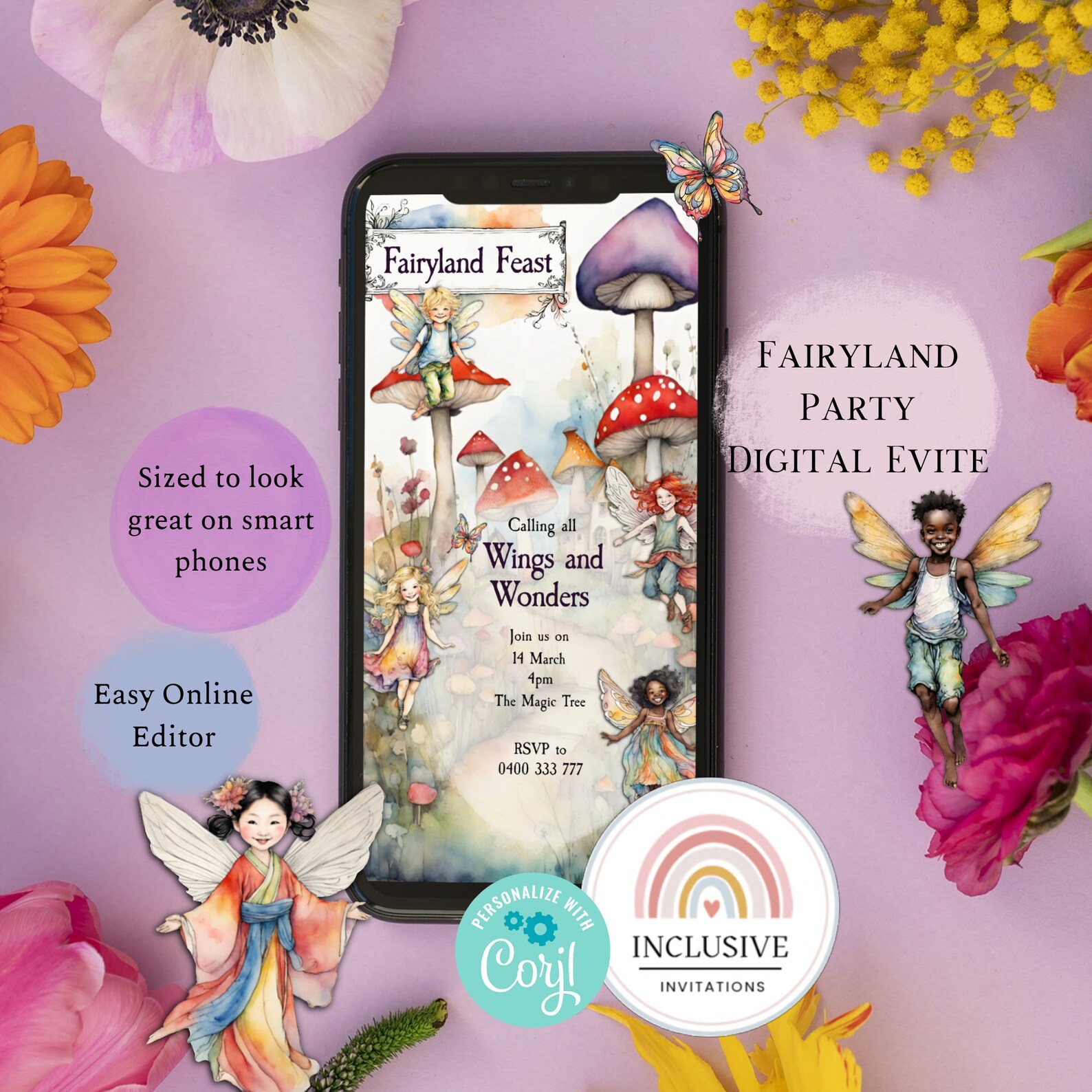 Digital Printable Fairy Kids Birthday Invite: Watercolor, Diverse ...