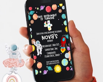 Cumpleaños de astronauta en el teléfono: Tema espacial dibujado a mano (digital)