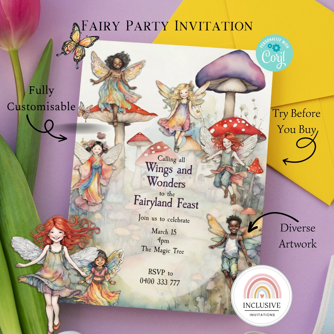 Digital Printable Fairy Kids Birthday Invite: Watercolor, Diverse ...