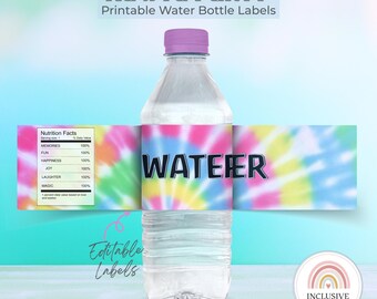 Etiquetas para botellas de agua con temática de tie-dye arcoíris (imprimibles)