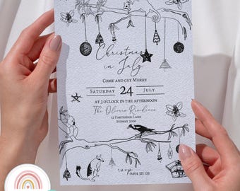 Invitación para fiesta de Navidad en julio: Animales australianos, diseño minimalista (Descarga digital imprimible)