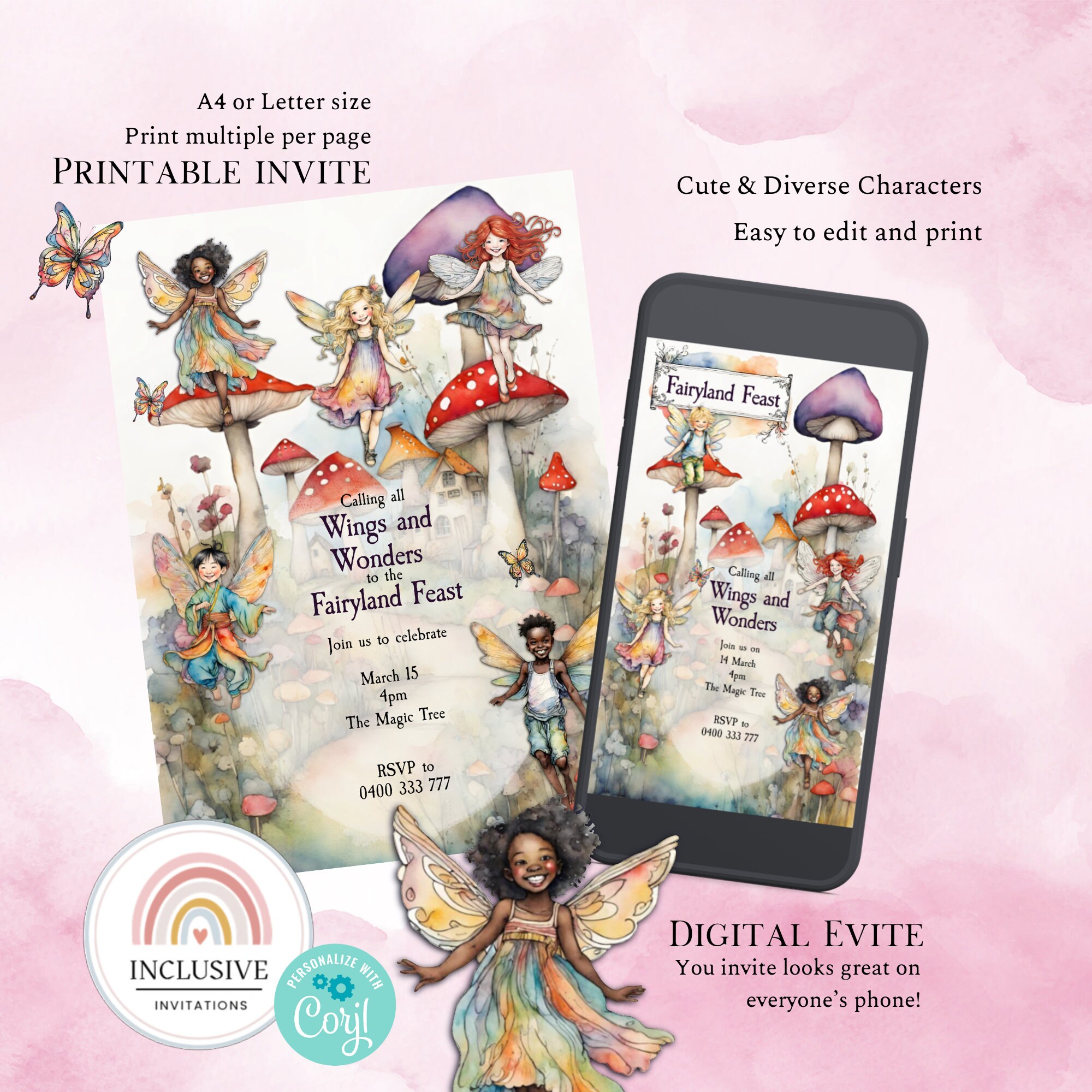 Digital Printable Fairy Kids Birthday Invite: Watercolor, Diverse ...