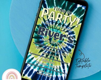 Invitación de cumpleaños tie-dye: Fiesta azul y verde, dos dígitos (digital)