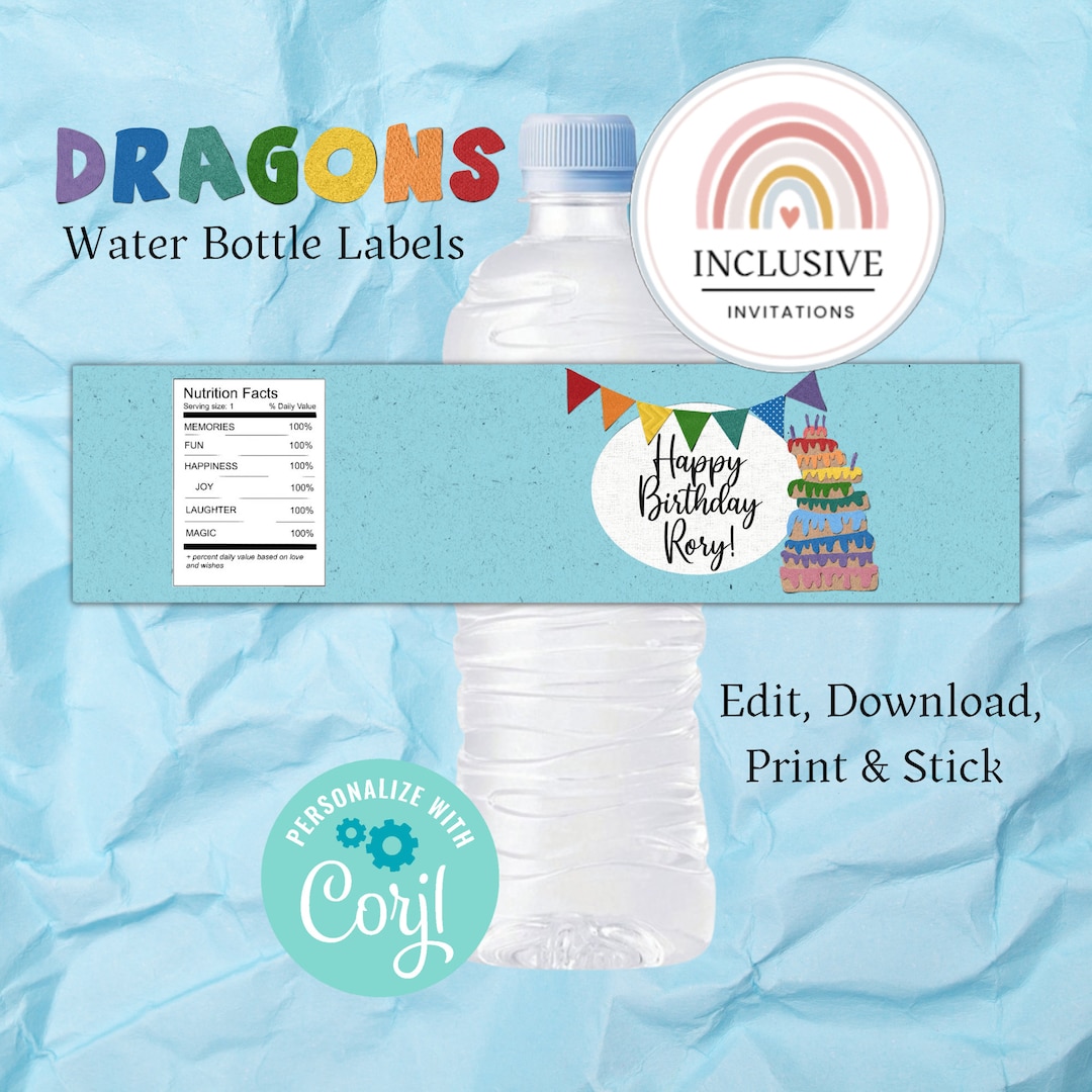 Dragon Water Bottle Labels Printable Party Decor Rainbow Dragons