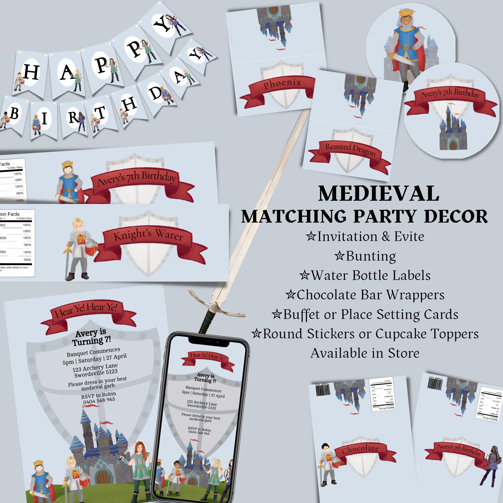 Medieval Printable Invite and Evite, Knights and Castles Themed Party, Children's 5th 6th 7th ...