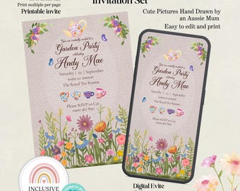Invitaciones para fiesta de té con jardín floral: dibujadas a mano y editables (digitales)