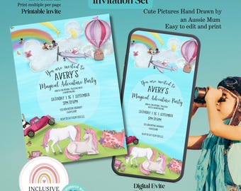 Invitación para fiesta de aventuras infantiles: Unicornios y arcoíris (imprimible y digital)