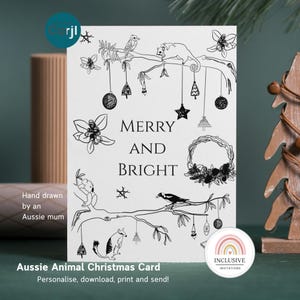 Cartão de Natal australiano alegre e brilhante, imprima em casa, Natal australiano, não denominacional, artístico, desenhado à mão, animais australianos