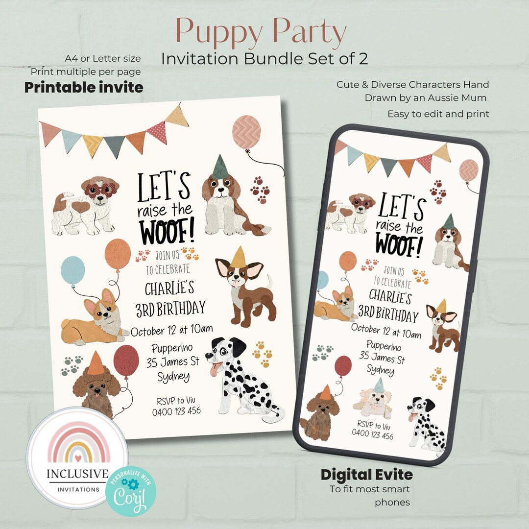 Let's Raise the Woof Puppy Pawty Birthday Party Theme Invitation Bundle ...