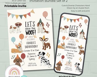 Conjunto de 2 invitaciones para fiesta de cumpleaños con temática de cachorros "Vamos a levantar el guau", invitaciones imprimibles y digitales, lindas invitaciones con temática de perros.