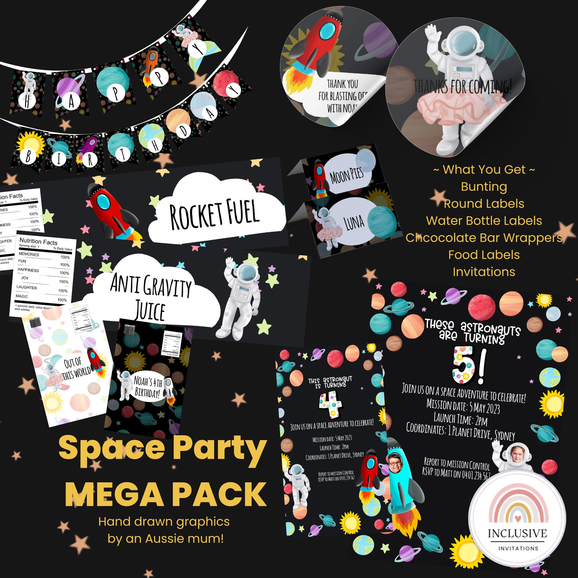 RXLITE Kit Creativo 10 Inviti Di Compleanno Tema Astronauta In Francese, Con Buste, Sticker E Adesivi Dorati Da Grattare