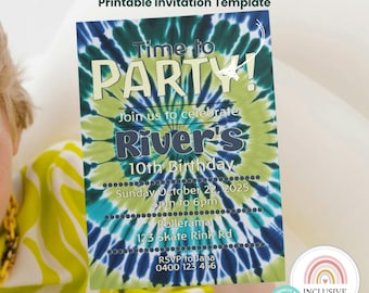 Invitación de cumpleaños con efecto tie-dye: Plantilla azul y verde (descarga digital)