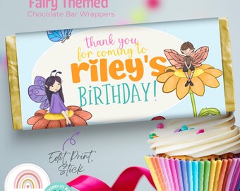 Envoltorios de chocolate de cumpleaños de Hada Arcoíris: Decoración imprimible para fiestas (Descarga digital)