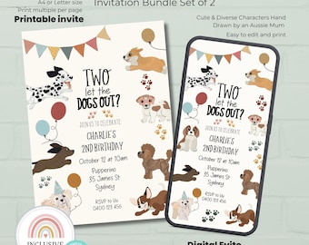 Paquete de 2 invitaciones para fiesta de cumpleaños con temática de "Deja salir a los perros", invitaciones imprimibles y digitales, lindo tema de cachorro.