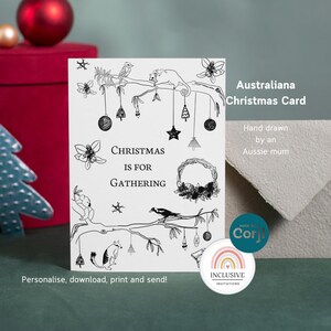 Design de cartão de reunião de Natal australiano, imprima em casa Cartão de felicitações de animais australianos, temporada de férias personalizada, feito à mão