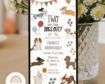 Plantilla de invitación digital del tamaño de un teléfono para una segunda fiesta de cumpleaños con temática de cachorros, invitación de cumpleaños divertida para niños, invitación neutral pero colorida.