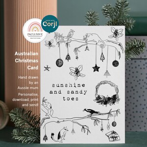 Design de cartão de Natal australiano, imprima em casa Cartão de felicitações de animais australianos, temporada de férias personalizada, desenhado à mão, minimalista artístico