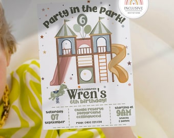 Invitación para fiesta de cumpleaños en el patio de recreo: temática retro verde salvia (digital)