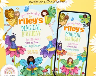 Invitación de cumpleaños de hada arcoíris: Plantilla de Evite de país de las hadas multicultural