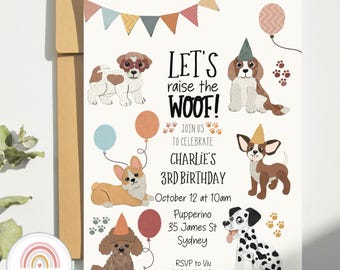 Plantilla de invitación para fiesta de cumpleaños de cachorros "Levantemos el guau", invitación con temática de perro de descarga instantánea, imprimible para cumpleaños de niño pequeño en color neutro