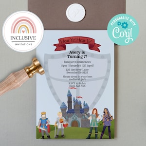 Medieval feast themed children&#39;s birthday party invitation template, printable editable knights and dragons mythical creatures fairy tales