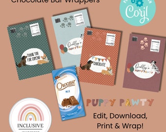 Wrappers met chocoladereep voor puppyfeestje: aangepast verjaardagsdecor (digitale download)