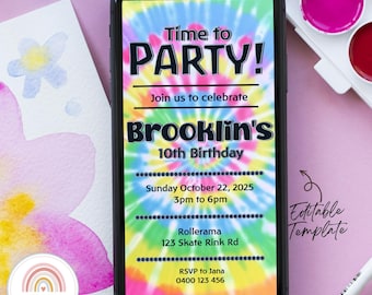 Invitación de cumpleaños con efecto tie-dye arcoíris: Fiesta de dos dígitos (digital)