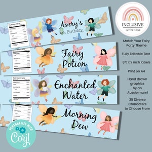 May include: Four printable labels for water bottles featuring a fairy theme. Each label has a different fairy character and a different drink name: Fairy Potion, Enchanted Water, Morning Dew, and Avery's 4th Birthday. The labels are decorated with butterflies and have a light blue background.