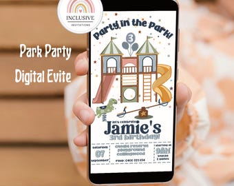 Invitación de cumpleaños con temática de parque infantil retro: Fiesta en el parque azul (Invitación digital para teléfono)