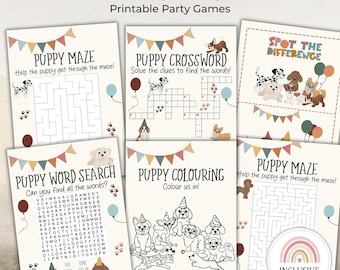 Juegos de fiesta para cachorros: Dibujos para colorear, laberintos y rompecabezas de palabras para imprimir