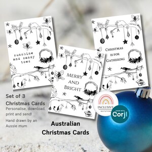 Ensemble de cartes de Noël australiennes, imprimables numériques modifiables personnalisées, animaux australiens, artistique minimaliste australien dessiné à la main