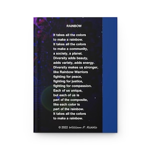 May include: A hardcover notebook with a blue spine and a cover featuring the word "RAINBOW" and a poem about diversity. The text is in white, set against a dark, colorful background with a purple and blue gradient.