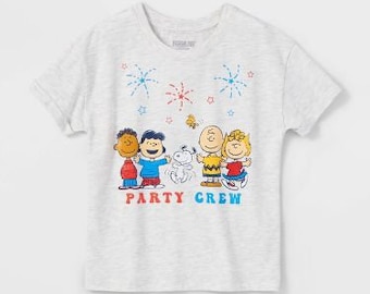 Girls' Peanuts Americana Party Crew Cuff Short Sleeve Graphic T-Shirt - Beige