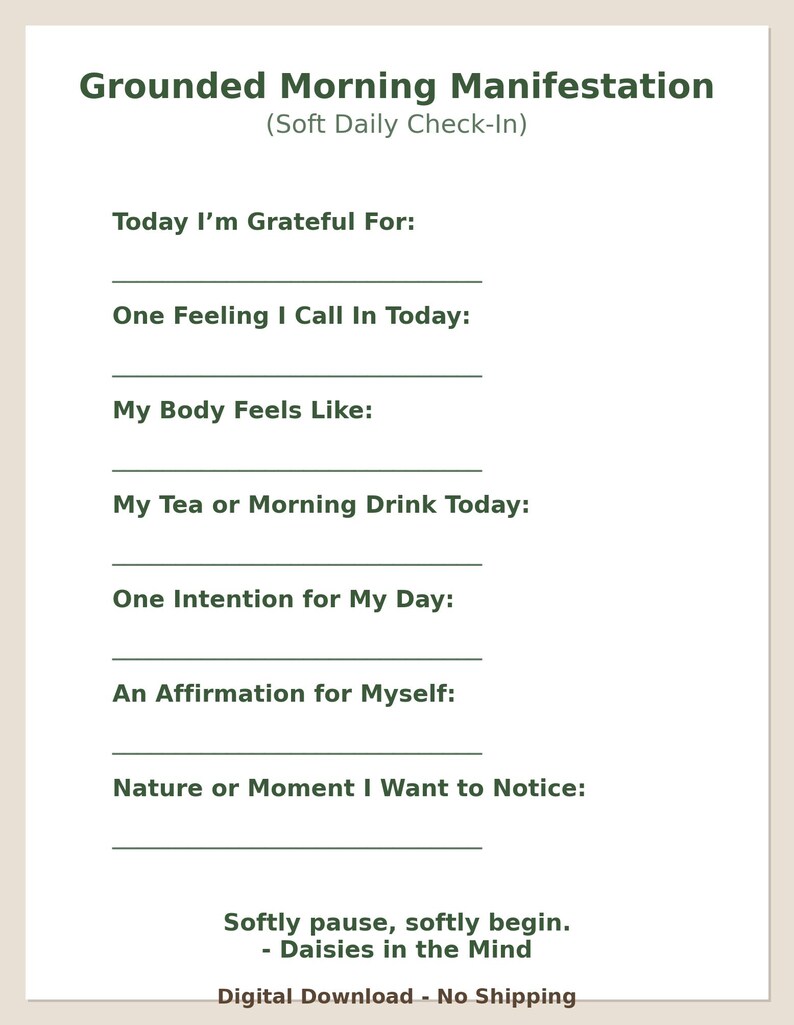 Mourning Routine Intentions Worksheet Grounded Morning Manifestation Template Digital Self Care Journal Daily ...