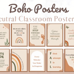 Growth Mindset Posters | Classroom Posters | Neutral Boho Posters | Classroom decor | Boho decor | Bulletin board decor | history teacher |