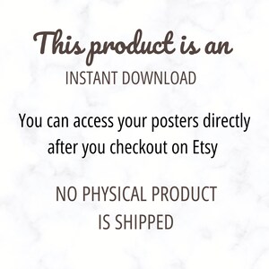 Puede incluir: Texto sobre un fondo de m&aacute;rmol blanco que dice "Este producto es una DESCARGA INSTANT&Aacute;NEA. Puedes acceder a tus carteles directamente despu&eacute;s de realizar el pedido en Etsy. NO SE ENV&Iacute;A NING&Uacute;N PRODUCTO F&Iacute;SICO."