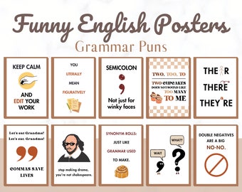 10 Funny English Classroom Posters Printable, Grammar punctuation poster decor, english language arts decor, kids educational posters, decor