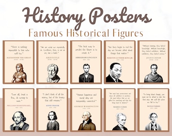 Pode incluir: Um conjunto de 10 posters imprimíveis com figuras históricas famosas, seus retratos e citações inspiradoras. Os posters têm um estilo vintage com fundo castanho e texto branco.