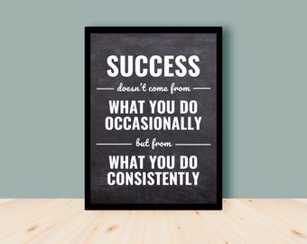 May include: Black and white motivational quote on a chalkboard background. The quote reads: "Success doesn't come from what you do occasionally, but from what you do consistently."