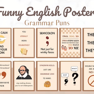 10 Funny English Classroom Posters Printable, Grammar punctuation poster decor, english language arts decor, kids educational posters, decor