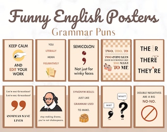 10 Funny English Classroom Posters Printable, Grammar punctuation poster decor, english language arts decor, kids educational posters, decor