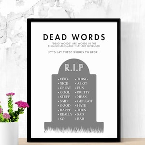 May include: A framed black and white print with the text "DEAD WORDS" and a list of overused words on a tombstone graphic. The print includes the phrases "LET'S LAY THESE WORDS TO REST..." and "R.I.P."