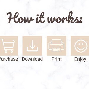 May include: Image with the text "How it works:" above four beige squares. Each square contains a white icon: a shopping cart, a downward arrow, a printer, and a smiley face. Below each icon are the words "Purchase", "Download", "Print", and "Enjoy!"