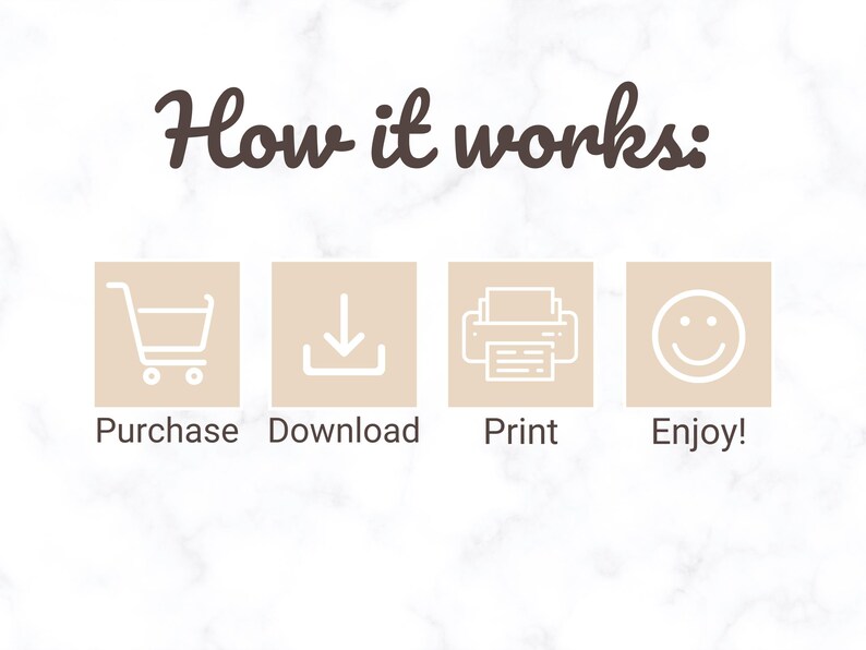May include: Image with the text "How it works:" above four beige squares. Each square contains a white icon: a shopping cart, a downward arrow, a printer, and a smiley face. Below each icon are the words "Purchase", "Download", "Print", and "Enjoy!"