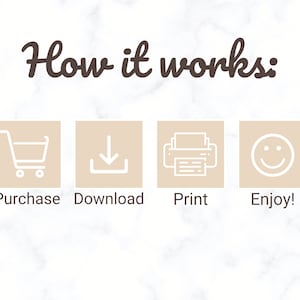 May include: How it works: Purchase, download, print, and enjoy!  Four icons represent the steps: a shopping cart, a download arrow, a printer, and a smiley face.